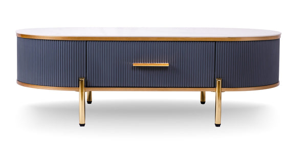 English Elm Modern Sintered Stone Coffee Table with Gold Pleated Accents and Integrated Drawer B091119902