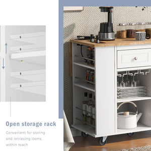 English Elm Kitchen Island Cart with Drop Leaf Power Outlet Rubberwood Top Wine Rack Rolling White WF305556AAW