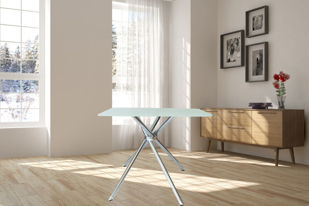English Elm 36" Frosted Tempered Glass Square Dining Table with Chrome Legs Seats Four B091119898