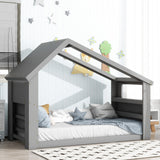 Twin House Floor Bed with Roof Window, Led Light, Grey