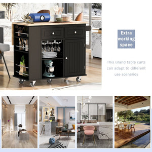 English Elm Kitchen Island Cart with Drop Leaf Power Outlet Rubberwood Top Wine Rack Rolling Black WF305556AAB