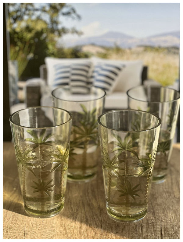 English Elm Palm Tree Design Acrylic Hi-Ball Glasses Set Of 4 - Bpa-Free 20Oz Drinkware For Poolside Fun! B095120326-GIGA