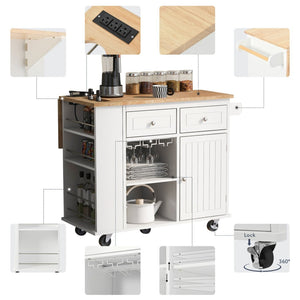 English Elm Kitchen Island Cart with Drop Leaf Power Outlet Rubberwood Top Wine Rack Rolling White WF305556AAW