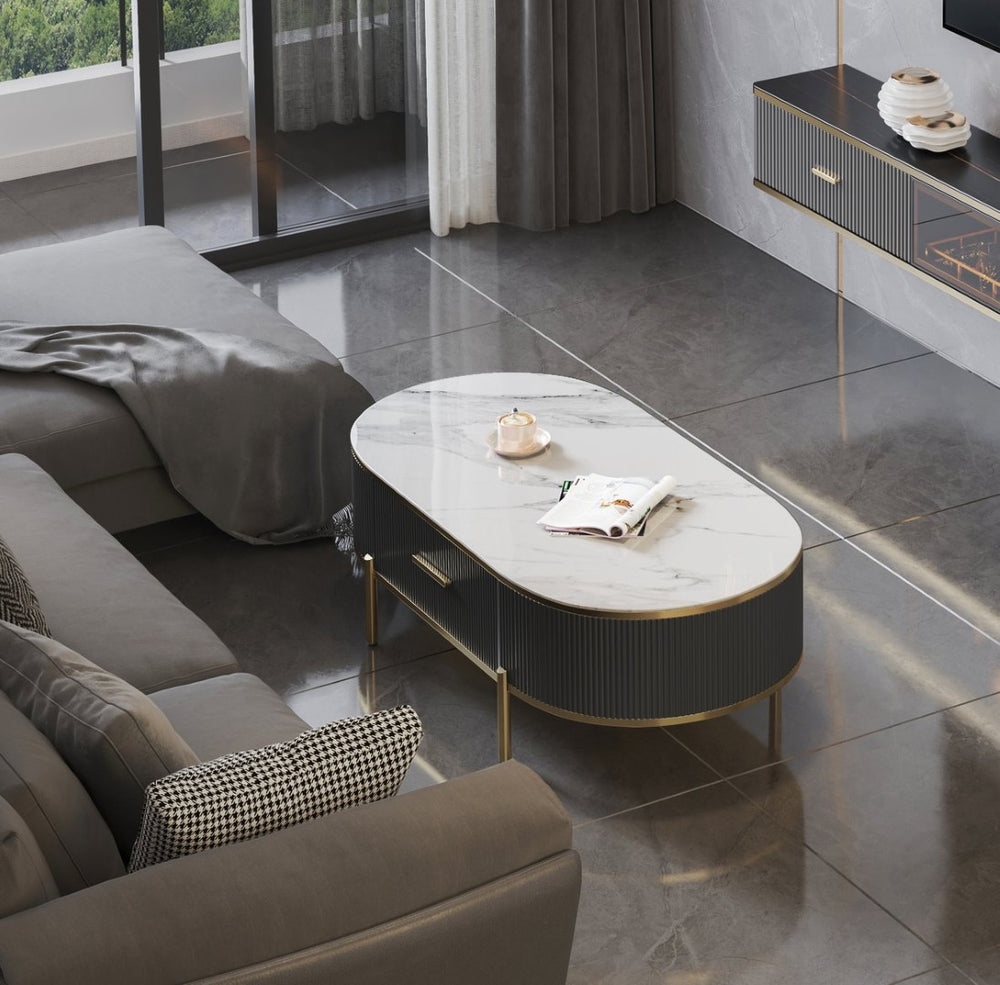 English Elm Modern Sintered Stone Coffee Table with Gold Pleated Accents and Integrated Drawer B091119902