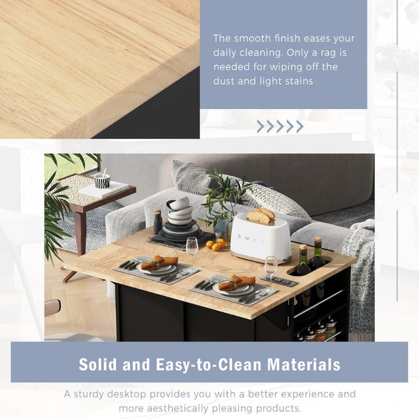 English Elm Kitchen Island Cart with Drop Leaf Power Outlet Rubberwood Top Wine Rack Rolling Black WF305556AAB