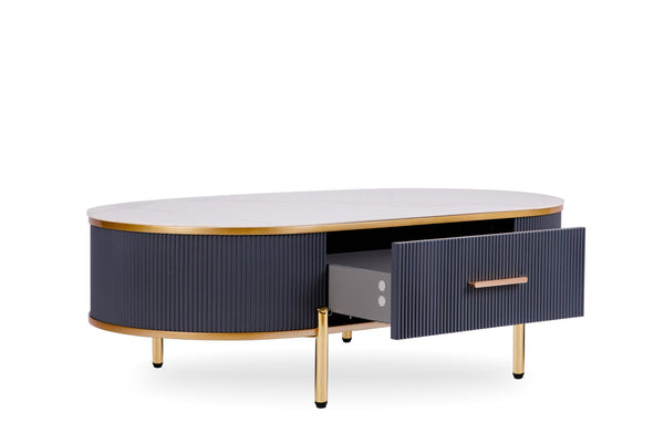 English Elm Modern Sintered Stone Coffee Table with Gold Pleated Accents and Integrated Drawer B091119902