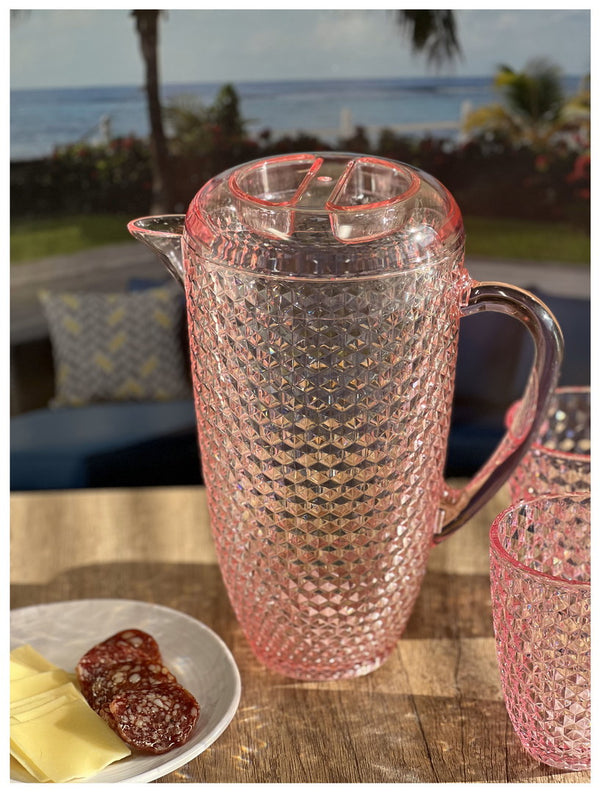 English Elm 2.5 Quart Diamond-Cut Unbreakable Pitcher with Lid — BPA-Free Acrylic, Elegant Serveware for Entertaining Pink B095120308