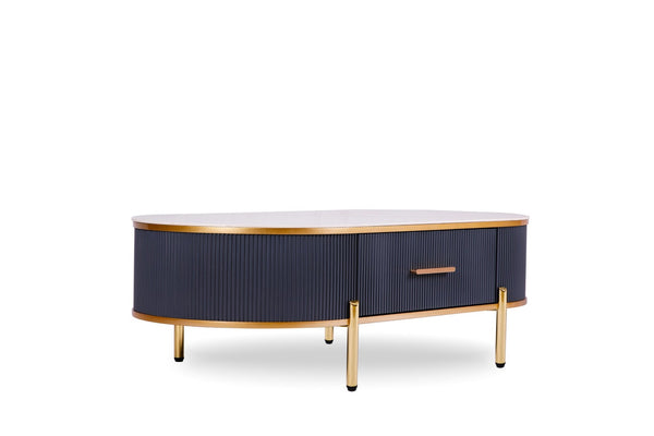 English Elm Modern Sintered Stone Coffee Table with Gold Pleated Accents and Integrated Drawer B091119902