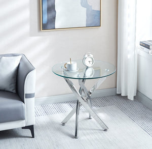 English Elm Modern Round Tempered Glass Side Table with Sculptural Chrome Legs for Living Rooms W1311119905