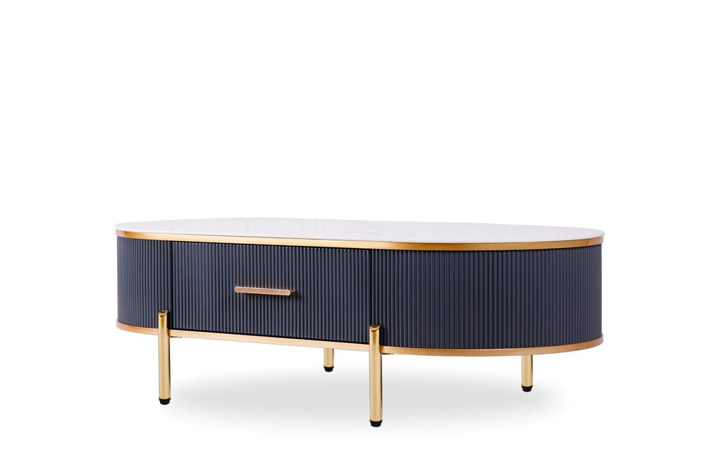 English Elm Modern Sintered Stone Coffee Table with Gold Pleated Accents and Integrated Drawer B091119902