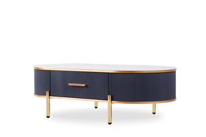 English Elm Modern Sintered Stone Coffee Table with Gold Pleated Accents and Integrated Drawer B091119902