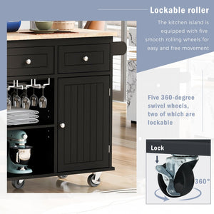 English Elm Kitchen Island Cart with Drop Leaf Power Outlet Rubberwood Top Wine Rack Rolling Black WF305556AAB