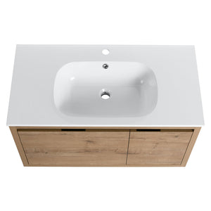 English Elm 36 Inch Floating Bathroom Vanity with Gel Basin, Soft-Close Doors & Drawers, Water-Resistant Ply Finish W99990145