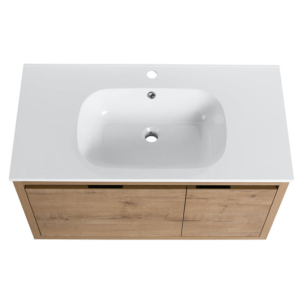 English Elm 36 Inch Floating Bathroom Vanity with Gel Basin, Soft-Close Doors & Drawers, Water-Resistant Ply Finish W99990145