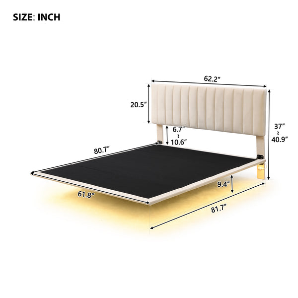 English Elm Queen Upholstered Platform Bed with Motion Sensor Light, Floating Velvet Headboard, Solid Frame Design Beige WF305618AAA