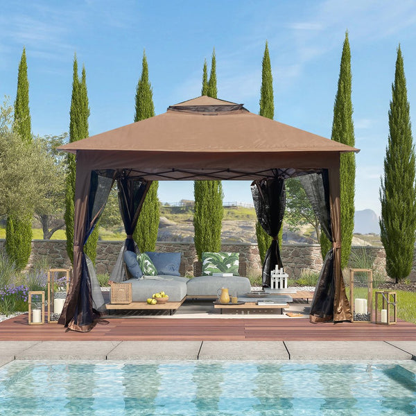 English Elm Outdoor 11x11 Ft Gazebo Canopy with Double-Tier Ventilated Roof, Removable Mesh, Sandbags Brown W419104362