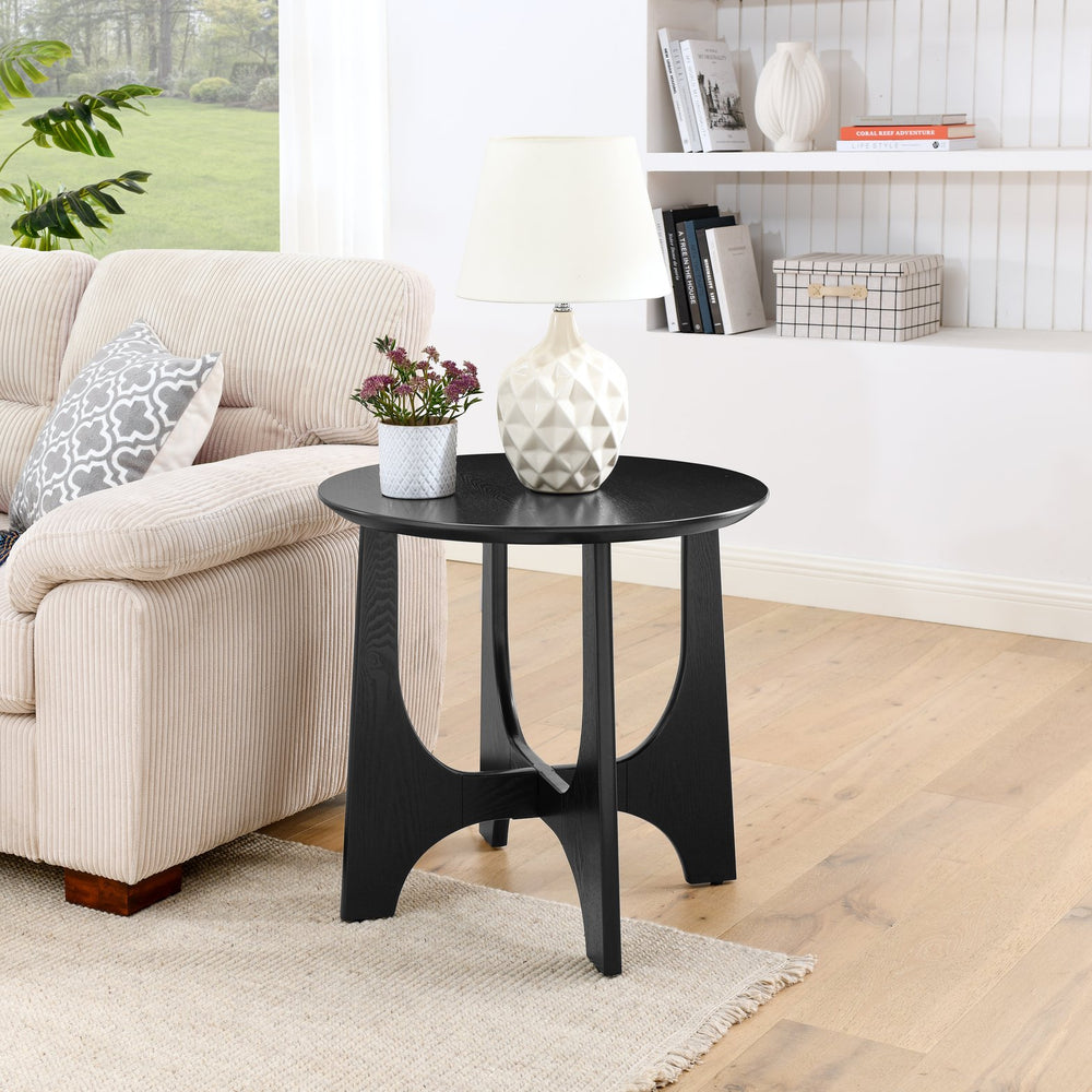 English Elm 25" Round End Table with Brushed Black Wood Grain Top, Cross-Design Legs, Adjustable Feet, Modern Accent W1801109474