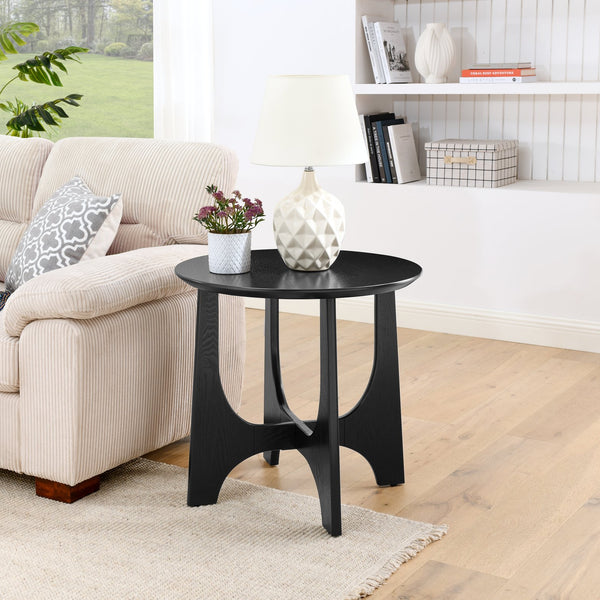 English Elm 25" Round End Table with Brushed Black Wood Grain Top, Cross-Design Legs, Adjustable Feet, Modern Accent W1801109474