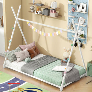 English Elm Metal Twin House Platform Bed with Sturdy Triangle Frame, Low Profile Kids' Cozy Playful Sleep Space White WF307193AAK