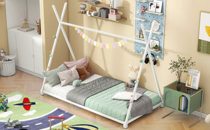 English Elm Metal Twin House Platform Bed with Sturdy Triangle Frame, Low Profile Kids' Cozy Playful Sleep Space White WF307193AAK
