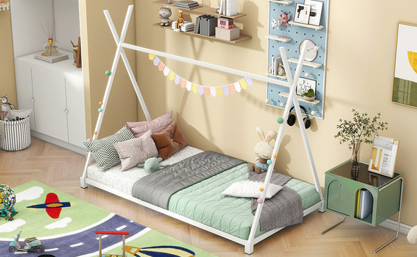 English Elm Metal Twin House Platform Bed with Sturdy Triangle Frame, Low Profile Kids' Cozy Playful Sleep Space White WF307193AAK