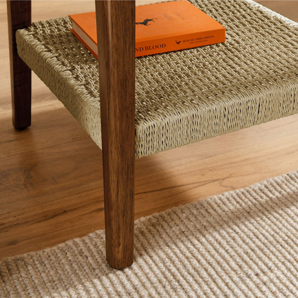 English Elm 23" Mid-Century Side Table with Rattan Shelf, Dark Walnut Finish, Solid Wood Legs, Boho Storage Nightstand W1801P290025