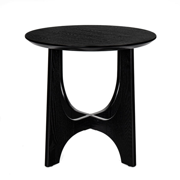English Elm 25" Round End Table with Brushed Black Wood Grain Top, Cross-Design Legs, Adjustable Feet, Modern Accent W1801109474