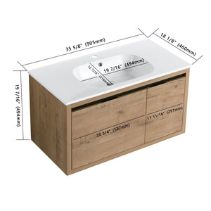 English Elm 36 Inch Floating Bathroom Vanity with Gel Basin, Soft-Close Doors & Drawers, Water-Resistant Ply Finish W99990145
