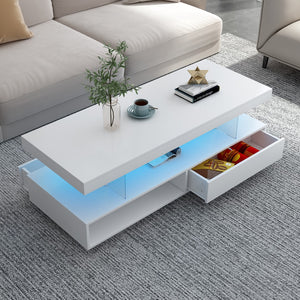 English Elm Led Coffee Table With Storage, Modern Center Table With 2 Drawers and Display Shelves, Accent Furniture With Led Lights For Living Room,White