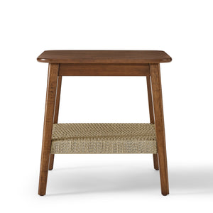 English Elm 23" Mid-Century Side Table with Rattan Shelf, Dark Walnut Finish, Solid Wood Legs, Boho Storage Nightstand W1801P290025