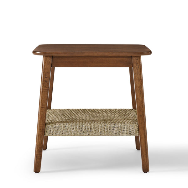 English Elm 23" Mid-Century Side Table with Rattan Shelf, Dark Walnut Finish, Solid Wood Legs, Boho Storage Nightstand W1801P290025