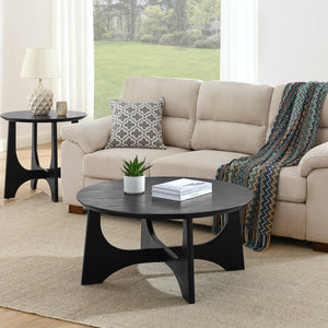 English Elm 25" Round End Table with Brushed Black Wood Grain Top, Cross-Design Legs, Adjustable Feet, Modern Accent W1801109474