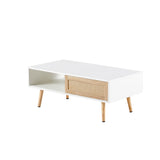 English Elm 41.34" Rattan Coffee Table, Sliding Door For Storage, Solid Wood Legs, Modern Table For Living Room ,White