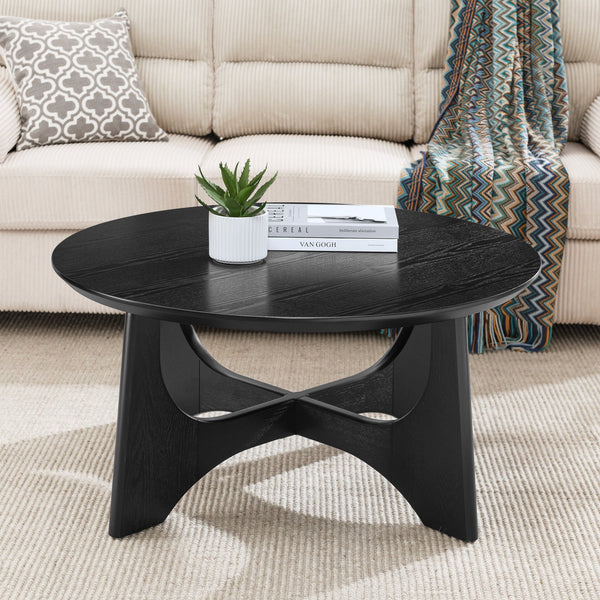 English Elm 36" Round Coffee Table Brushed Black Wood Grain Top with Cross-Design Legs, Height Adjustable Feet, Modern Living Room Accent (36") W1801110322