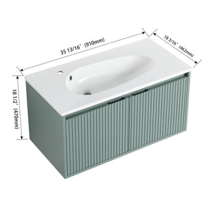 English Elm 36" Floating Bathroom Vanity with Drop-Shaped Resin Sink, Wavy Doors, Soft-Close Hinges, Water-Resistant Plywood Modern Design W999S00093