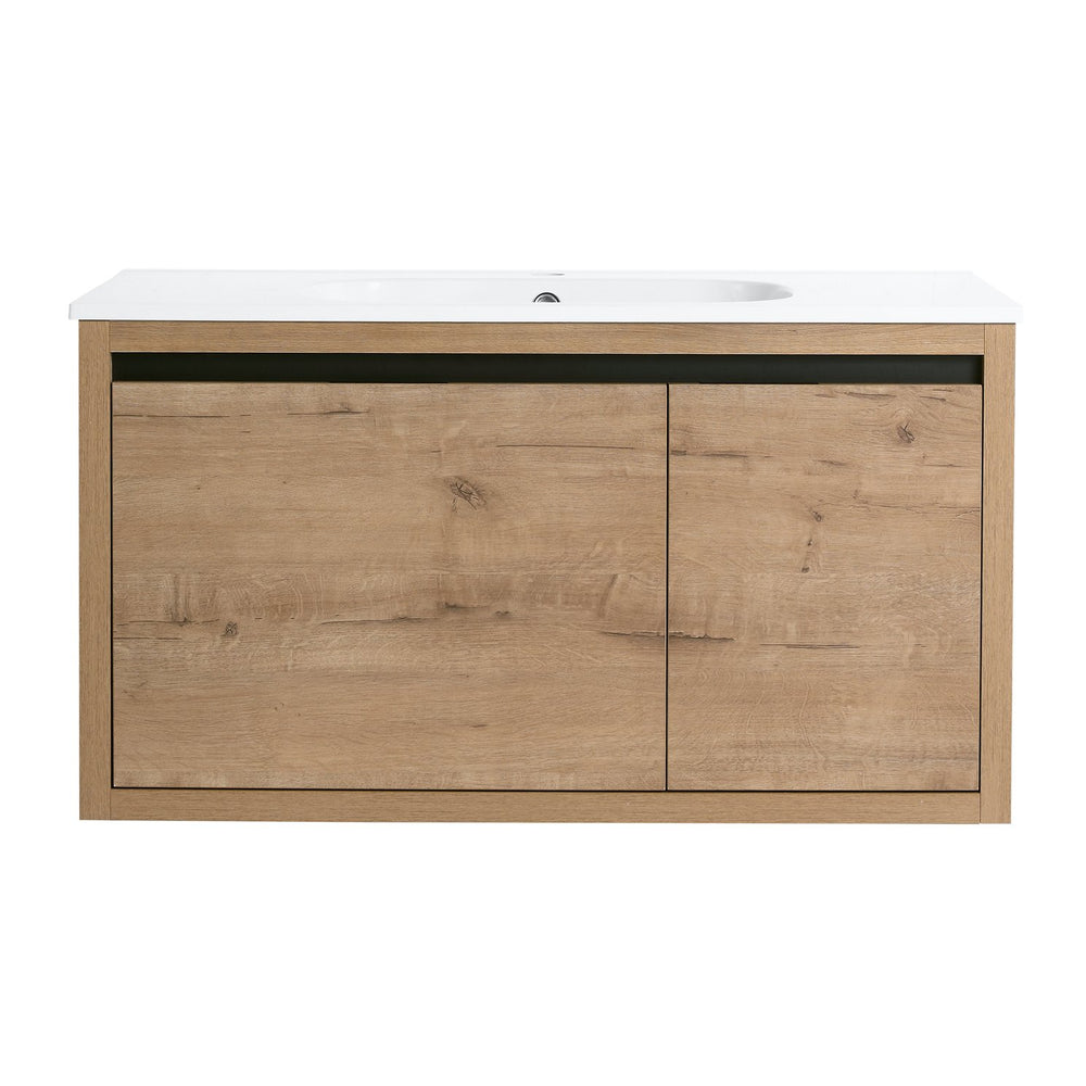 English Elm 36 Inch Floating Bathroom Vanity with Gel Basin, Soft-Close Doors & Drawers, Water-Resistant Ply Finish W99990145