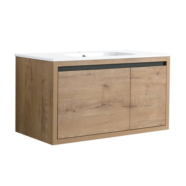English Elm 36 Inch Floating Bathroom Vanity with Gel Basin, Soft-Close Doors & Drawers, Water-Resistant Ply Finish W99990145