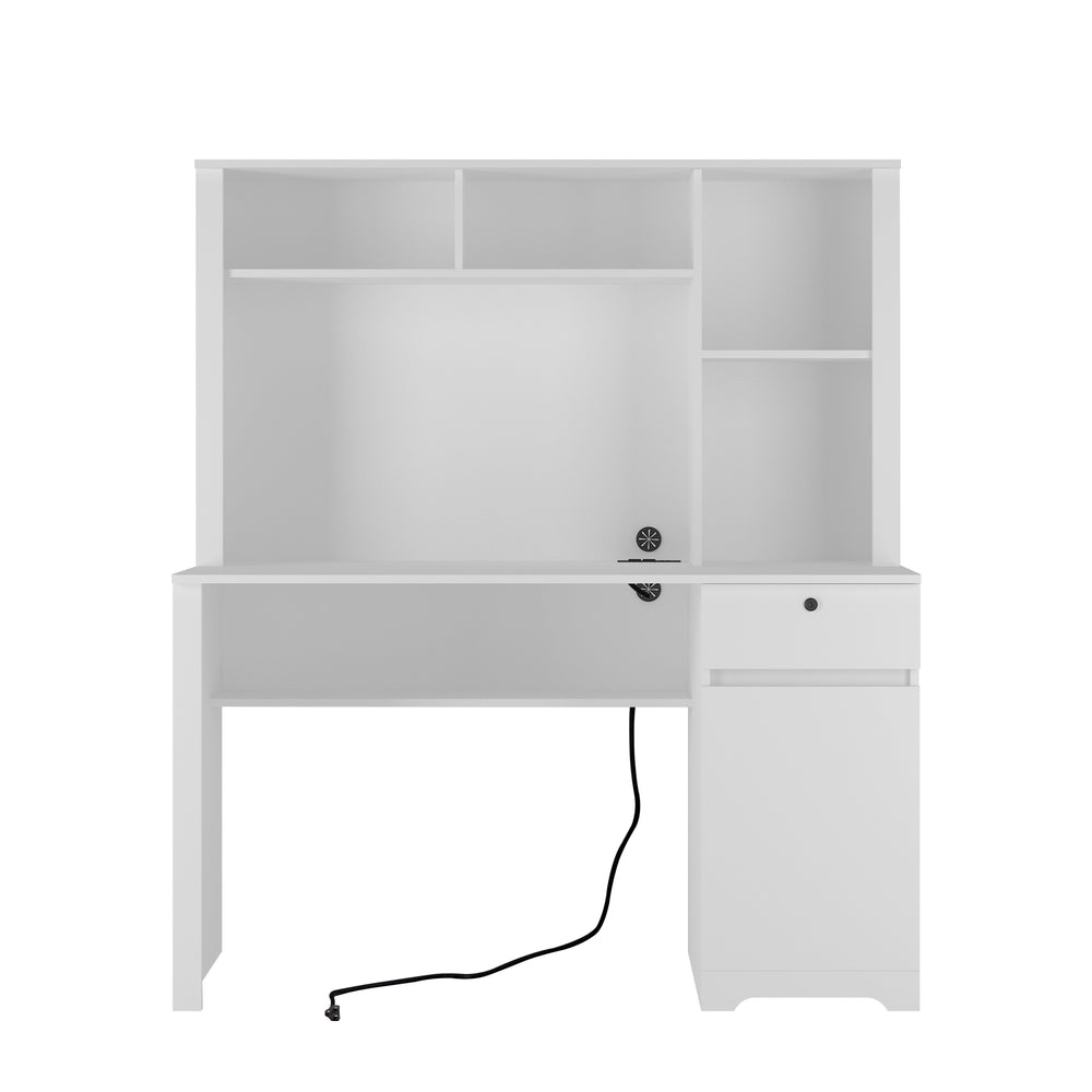 English Elm Computer Desk Modern Home Office with Hutch & Bookshelf, Spacious MDF Surface, Drawers, 3 AC/2 USB Ports, White, Compact Storage Solution W1321S00001