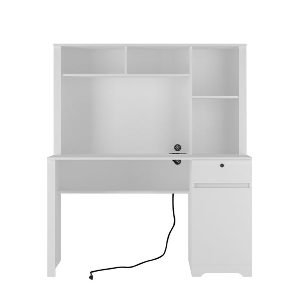 English Elm Computer Desk Modern Home Office with Hutch & Bookshelf, Spacious MDF Surface, Drawers, 3 AC/2 USB Ports, White, Compact Storage Solution W1321S00001