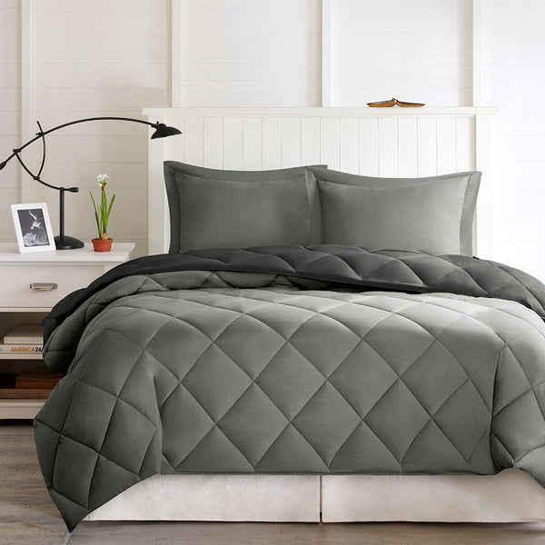 English Elm Twin/Twin Plush Madison Park Larkspur 3M Scotchgard Diamond Quilted Reversible Down Alternative Set Black+Grey 18.9 L x 9.45 W x 9.06 H B03595024