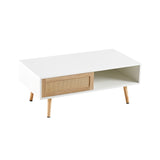 English Elm 41.34" Rattan Coffee Table, Sliding Door For Storage, Solid Wood Legs, Modern Table For Living Room ,White