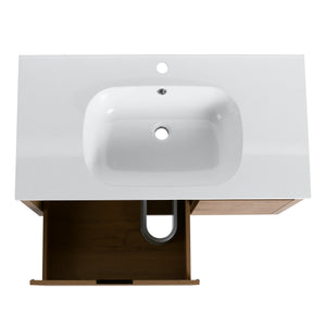 English Elm 36 Inch Floating Bathroom Vanity with Gel Basin, Soft-Close Doors & Drawers, Water-Resistant Ply Finish W99990145