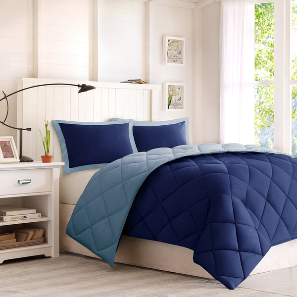 English Elm King Madison Park Larkspur 3M Scotchgard Diamond Quilted Reversible Down Alternative Comforter Set with Stain-Resistant, Machine-Washable Soft Microfiber and Even Warmth Distribution Navy+Light Blue 20.28 L x 17.13 W x 10.24 H B03595023