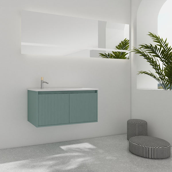 English Elm 36" Floating Bathroom Vanity with Drop-Shaped Resin Sink, Wavy Doors, Soft-Close Hinges, Water-Resistant Plywood Modern Design W999S00093