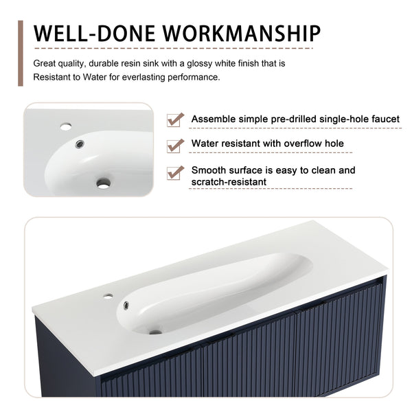 English Elm 48" Floating Bathroom Vanity with Drop-Shaped Resin Sink, Wavy Panel Doors, Soft-Close Hinges, Durable Melamine Finish W999S00094