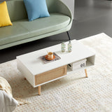 White Rattan Coffee Table with Sliding Door Storage, Wood Legs - 41.34