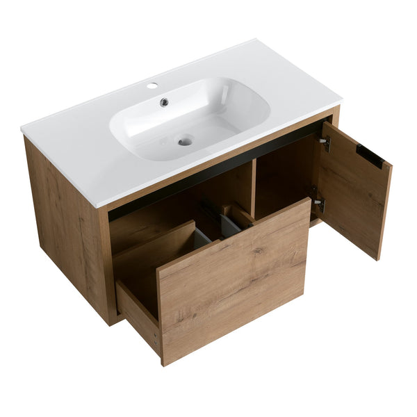 English Elm 36 Inch Floating Bathroom Vanity with Gel Basin, Soft-Close Doors & Drawers, Water-Resistant Ply Finish W99990145