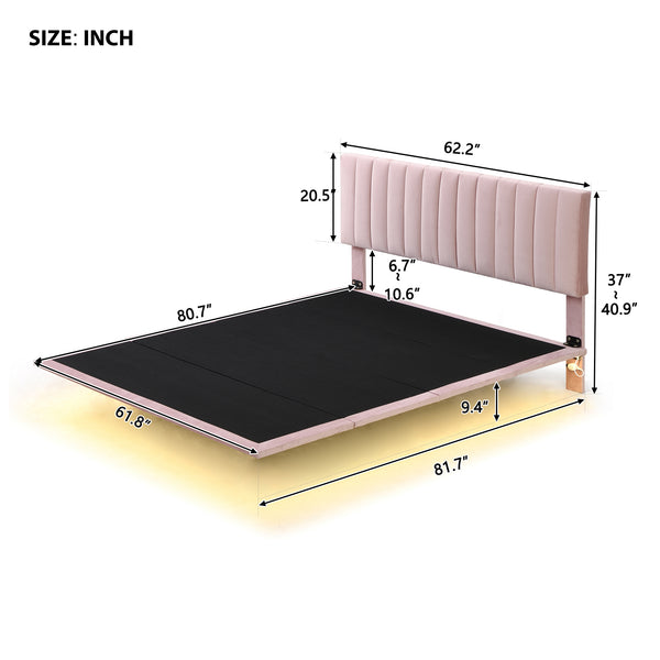 English Elm Queen Upholstered Platform Bed with Motion Sensor Light, Floating Velvet Headboard, Solid Frame Design Pink WF305618AAH
