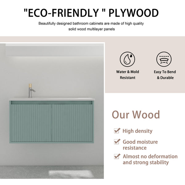 English Elm 36" Floating Bathroom Vanity with Drop-Shaped Resin Sink, Wavy Doors, Soft-Close Hinges, Water-Resistant Plywood Modern Design W999S00093