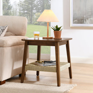 English Elm 23" Mid-Century Side Table with Rattan Shelf, Dark Walnut Finish, Solid Wood Legs, Boho Storage Nightstand W1801P290025